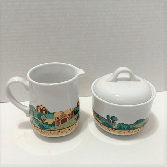 Corelle Coordinates Stoneware Landscape Creamer and Sugar Bowl with Lid - Picture 1 of 7